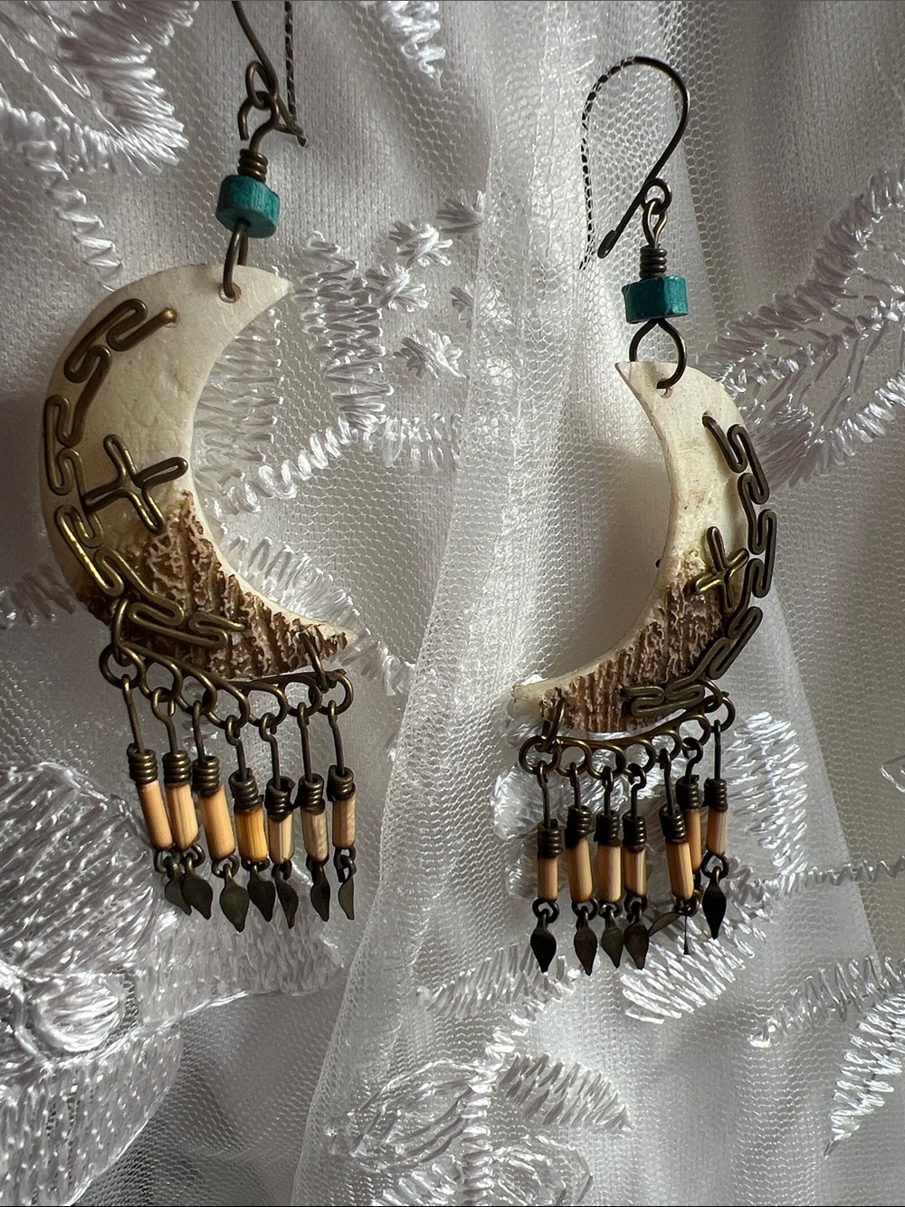 Bohemian Crescent Moon Dangle Earrings in Cream & Turquoise - Unbranded